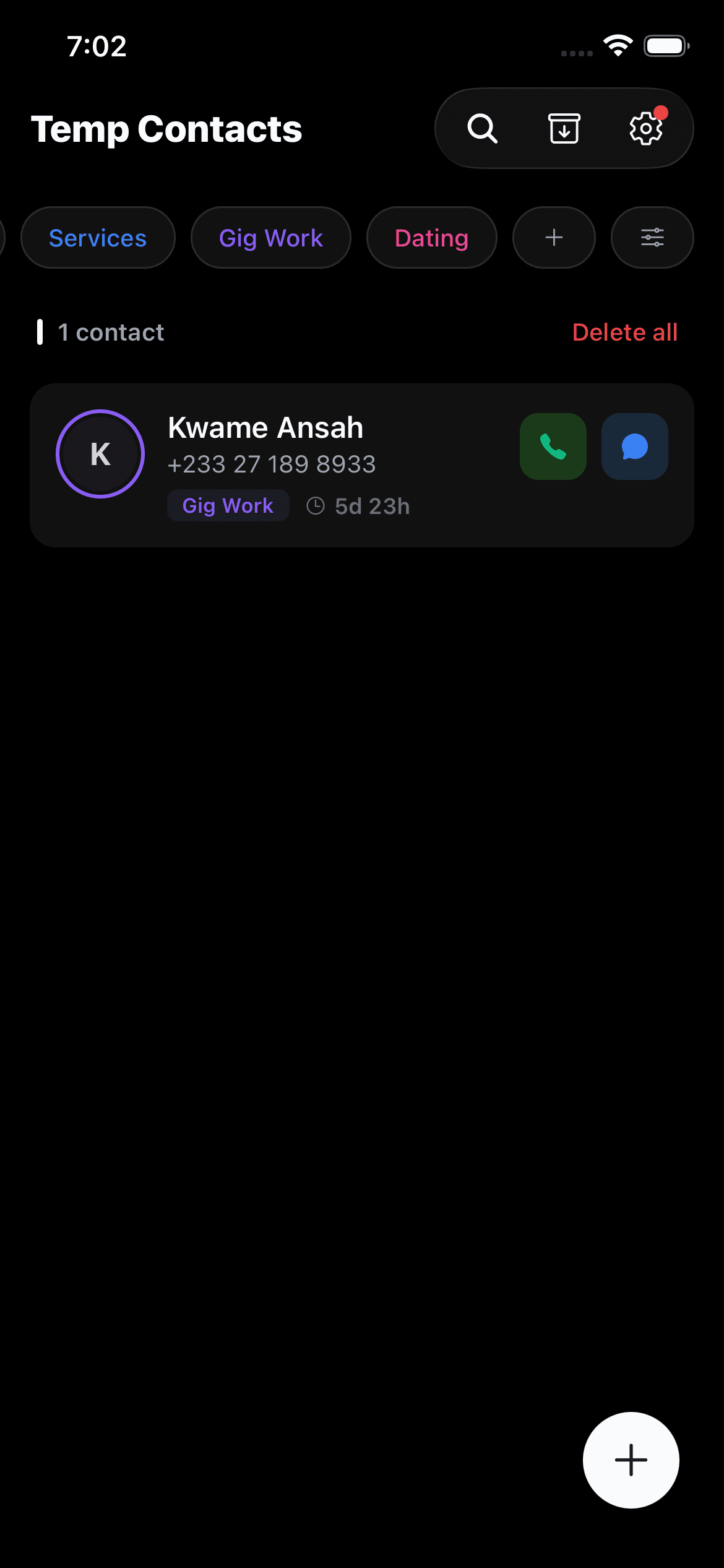 Temp Contacts app — contact list showing labels, expiry timers, and quick call/message buttons